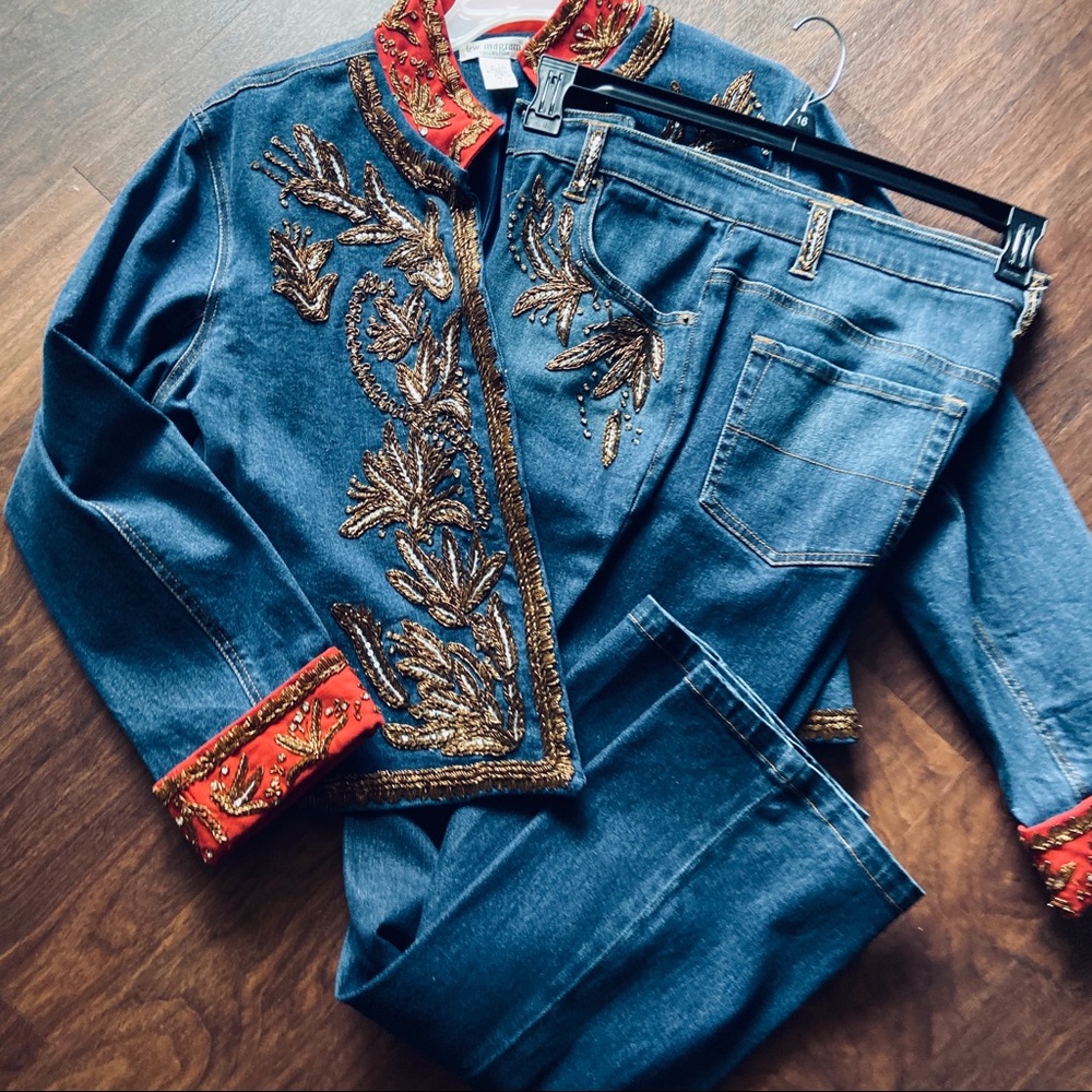 Embroidered Dark Denim Blazer & Denim Pants Set